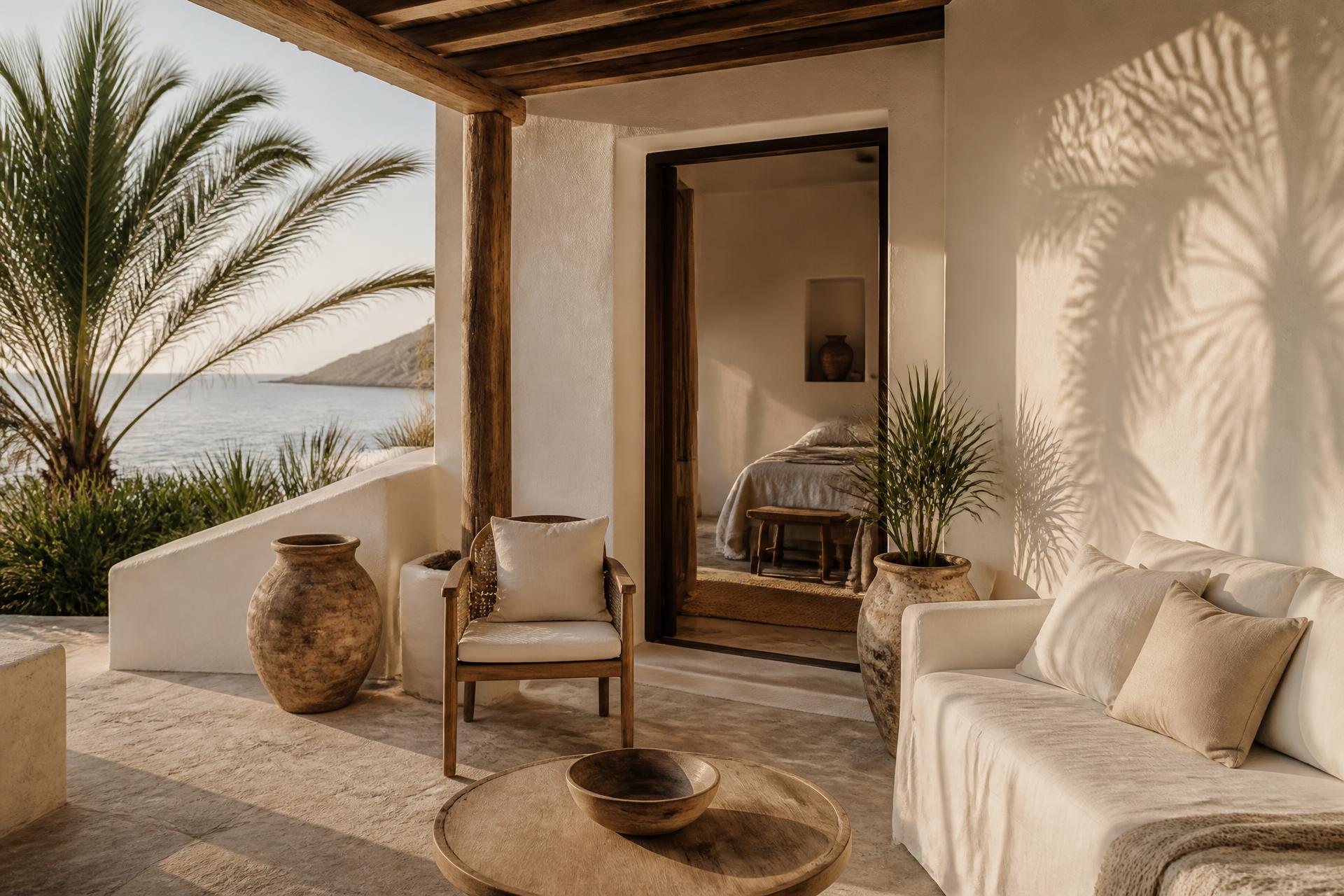 Terrasse d'un hôtel de charme au coucher du soleil